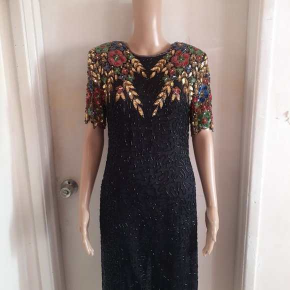 TAN CHHO VINTAGE BLACK EMBELLISHED SEQUINS FLOWERS DRESS SIZE UF 8 - Picture 1 of 11